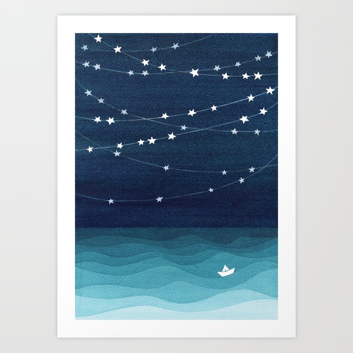 Garlands of stars, watercolor teal ocean Art Print