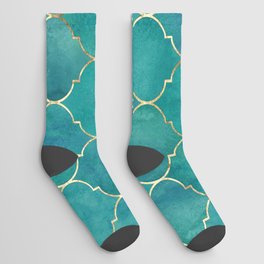 Turquoise Teal Golden Moroccan Quatrefoil Pattern Socks