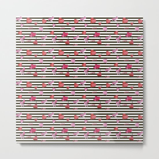 Valentines Day pattern watercolor hearts on striped Metal Print