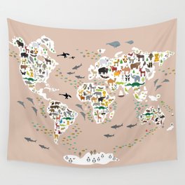 Cartoon world map for children, kids, Animals from all over the world, back to school, rosybrown Wall Tapestry