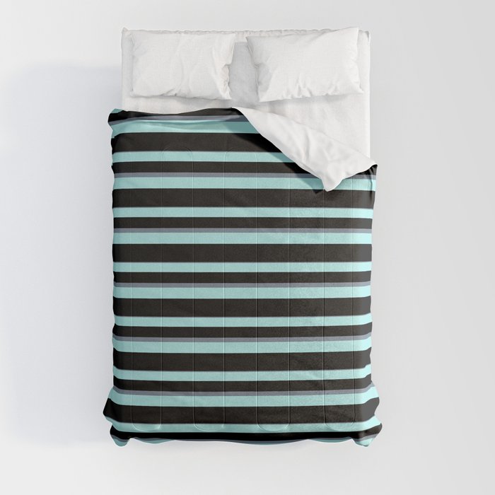 Turquoise, Black, and Slate Gray Colored Stripes Pattern Comforter