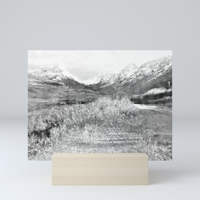 Glen Alps Walk, Grey Scale, Oil Pastel Drawing Mini Art Print