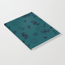 Teal Blue And Blue Silhouettes Of Vintage Nautical Pattern Notebook