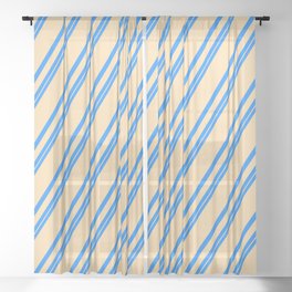 [ Thumbnail: Blue and Tan Colored Stripes Pattern Sheer Curtain ]