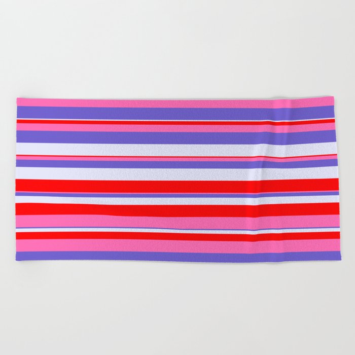 Slate Blue, Lavender, Red & Hot Pink Colored Stripes/Lines Pattern Beach Towel