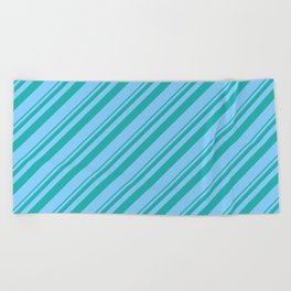 [ Thumbnail: Light Sea Green & Light Sky Blue Colored Striped Pattern Beach Towel ]