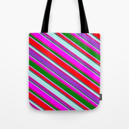 [ Thumbnail: Eyecatching Fuchsia, Red, Dark Orchid, Green & Turquoise Colored Lined Pattern Tote Bag ]