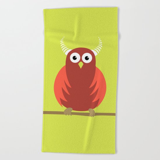 Red Cartoon Horned Owl Beach Towel