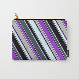[ Thumbnail: Dark Orchid, Light Cyan, Dark Slate Gray, Grey, and Black Colored Lines Pattern Carry-All Pouch ]