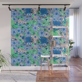Flower Power Bold Multicolored Blue Teal Botanical Pattern Wall Mural