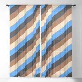 [ Thumbnail: Blue, Black, Brown, and Beige Colored Lines Pattern Sheer Curtain ]