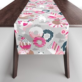 Pastel café sweet cats love dream // grey background fuchsia pink pastry details Table Runner