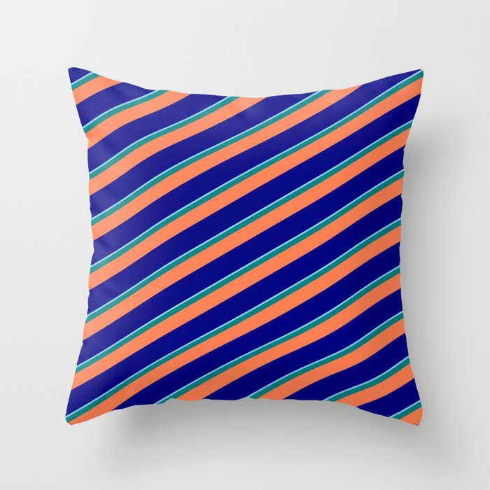Light Sky Blue, Teal, Coral, and Blue Colored Stripes Pattern Throw Pillow