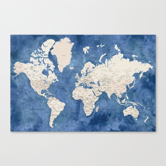 Light Brown And Blue Watercolor Detailed World Map Canvas Print By