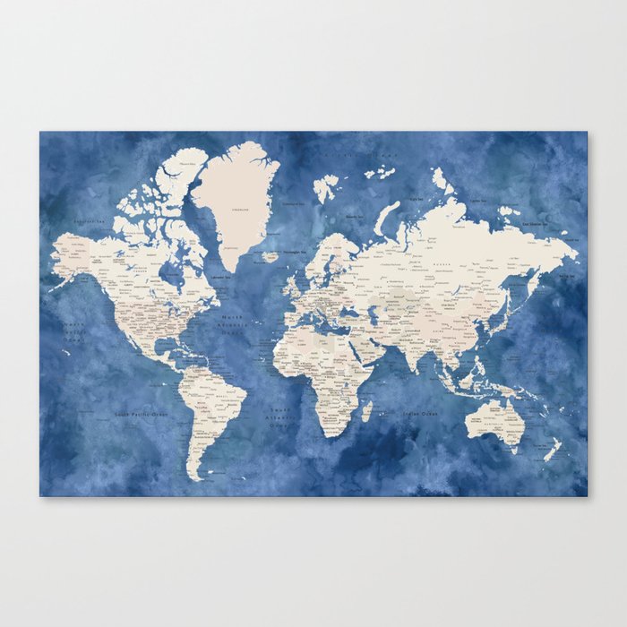Light brown and blue watercolor detailed world map Leinwanddruck | Graphic-design, Digital, Weltkarte, Detailed-world-map, Map-with-cities, Blue-watercolor, Light-brown, Boho, Boheme, Boho-chic