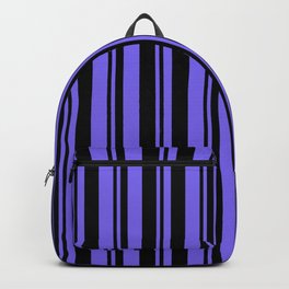 [ Thumbnail: Black & Medium Slate Blue Colored Lines Pattern Backpack ]