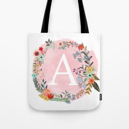 Flower Wreath with Personalized Monogram Initial Letter A on Pink Watercolor Paper Texture Artwork Tote Bag