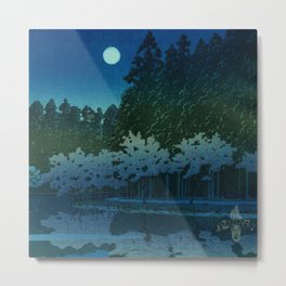 Spring Night at Inokashira blue nature Japanese landscape painting with cherry blossoms by Hasui Kawase Metal Print