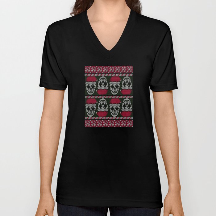 Creepy Christmas Skull Sweater Design V Neck T Shirt