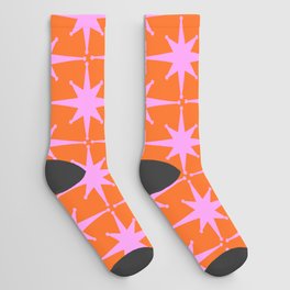 Retro Vintage Starbursts Pattern in Bright Pink Lavender and Orange Socks | Pink, 50S, Graphicdesign, Digital, Bright, Kierkegaard Design, Atomic, Orange, Retro, Mid Century 