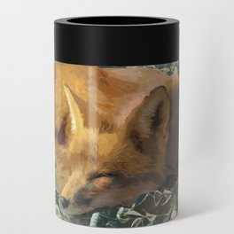 Cute fox sleeping on a bed of plants Can Cooler