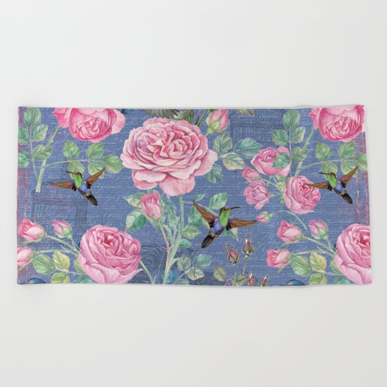 Vintage Watercolor hummingbird and English Roses on blue Background Beach Towel