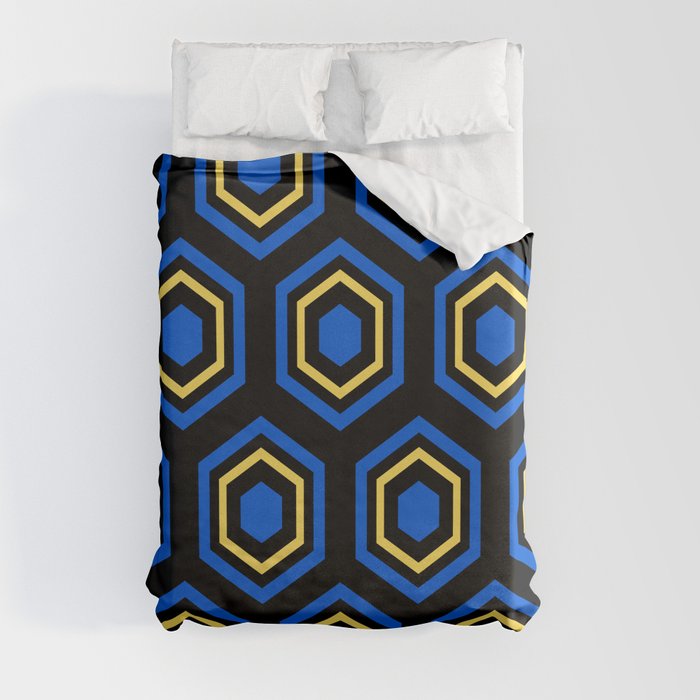 The Hive - Blue-Yellow-Blue Hexagons on Black Background Duvet Cover
