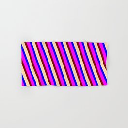 [ Thumbnail: Blue, Fuchsia, Maroon, and Tan Colored Lined Pattern Hand & Bath Towel ]