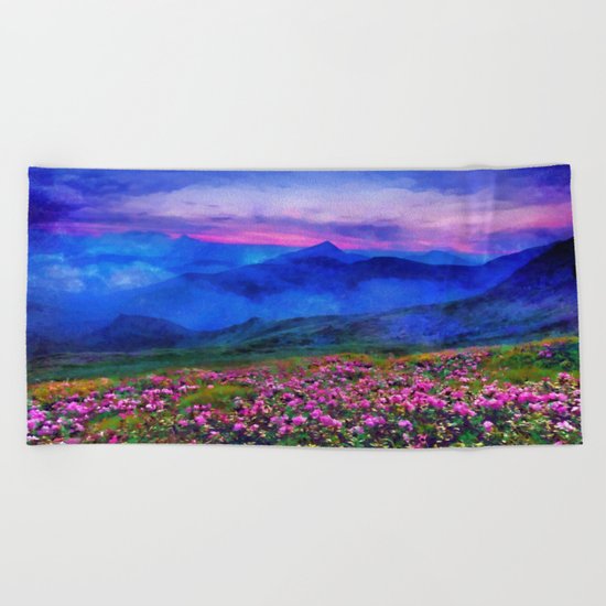 Flowering mountains in the clouds Beach Towel