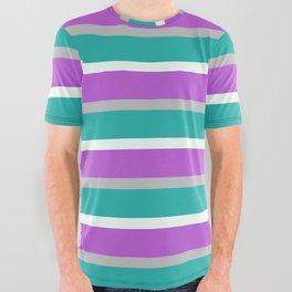 [ Thumbnail: Grey, Light Sea Green, Mint Cream, and Orchid Colored Lined Pattern All Over Graphic Tee ]