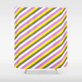 [ Thumbnail: Yellow, Gray, White, and Violet Colored Lined Pattern Shower Curtain ]