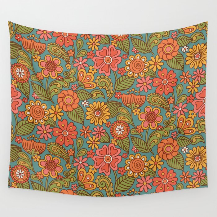 70s Floral- Blue Background Wall Tapestry