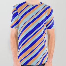 [ Thumbnail: Brown, Light Blue, and Blue Colored Lines Pattern All Over Graphic Tee ]