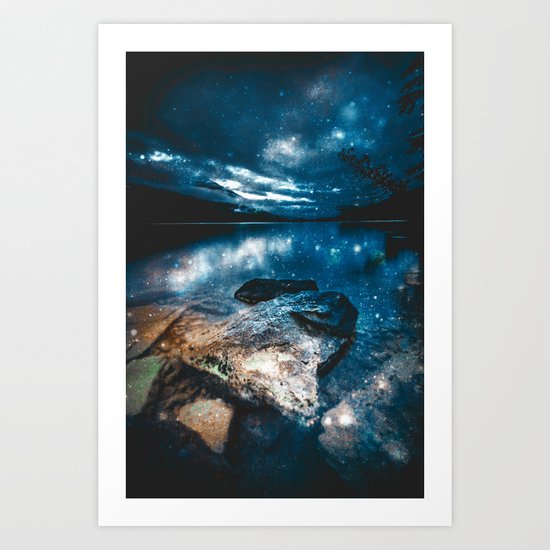 Magical Mountain Lake Teal Blue Brown Art Print