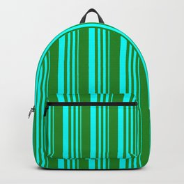 [ Thumbnail: Cyan and Forest Green Colored Stripes Pattern Backpack ]