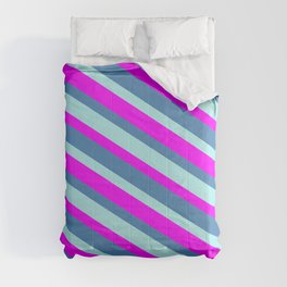 [ Thumbnail: Fuchsia, Blue & Turquoise Colored Lines/Stripes Pattern Comforter ]