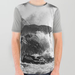 Ocean Waves Crashing on a Rocky Shore All Over Graphic Tee