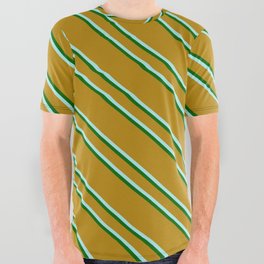 [ Thumbnail: Dark Goldenrod, Turquoise & Dark Green Colored Lines/Stripes Pattern All Over Graphic Tee ]