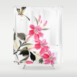 Oriental style - Butterfly on flowers Shower Curtain