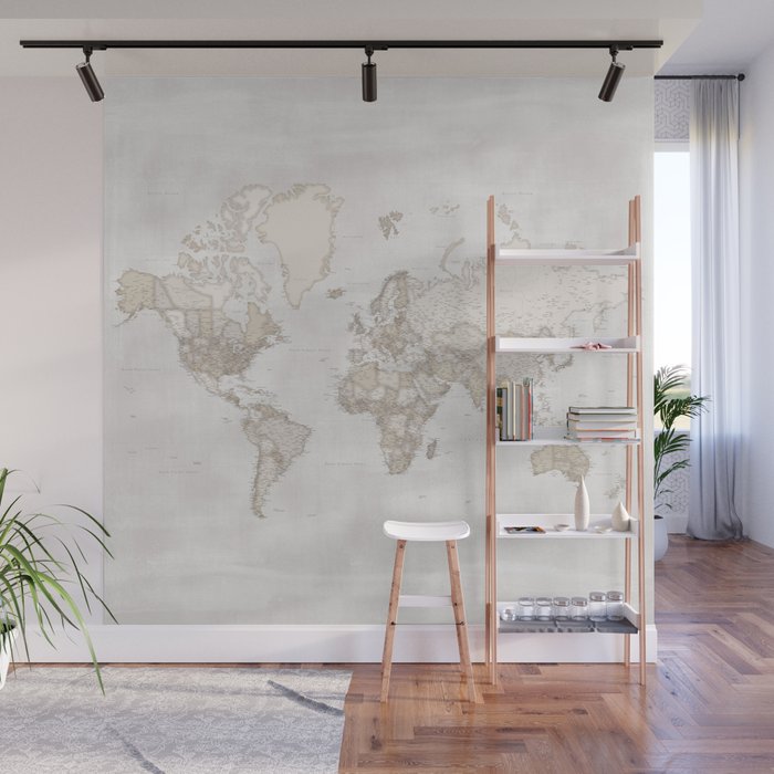 Rustic and highly detailed world map with cities, square, "Lucille" Wall Mural