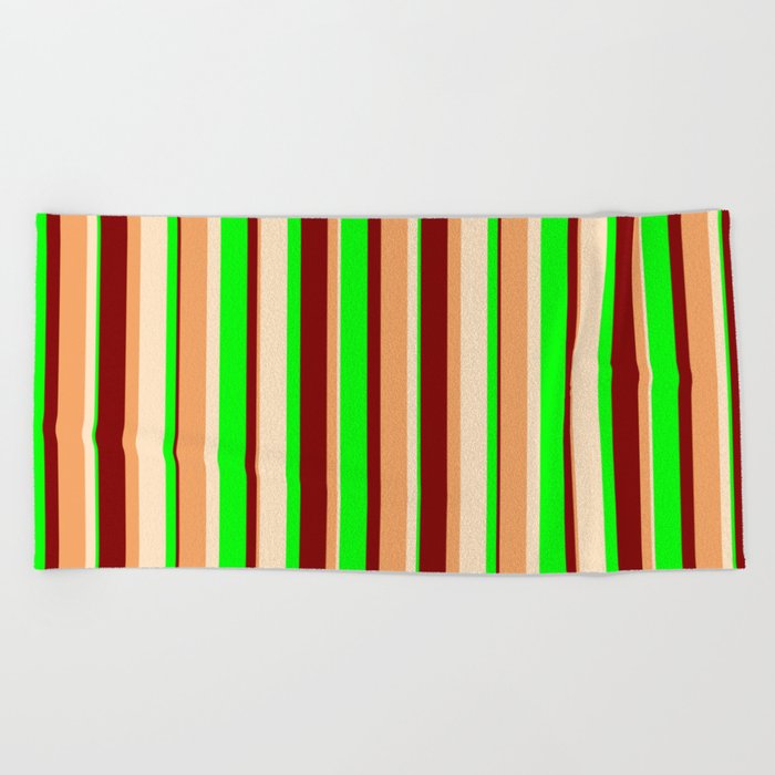 Brown, Bisque, Lime & Maroon Colored Pattern of Stripes Beach Towel