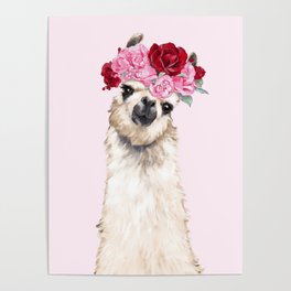 Llama with Pink Roses Flower Crown Poster
