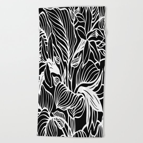 Black White Floral Beach Towel