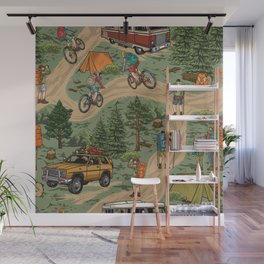 Outdoor recreation vintage seamless pattern with hikers bicycle travelers motorhome travel car tents forest tree stumps backpacks vintage illustration Wall Mural