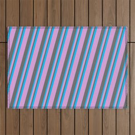 [ Thumbnail: Plum, Dim Gray, and Deep Sky Blue Colored Striped Pattern Outdoor Rug ]