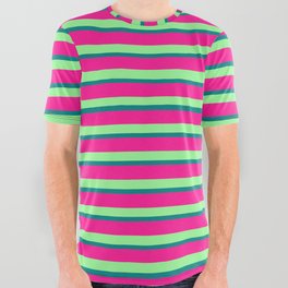 [ Thumbnail: Green, Teal, and Deep Pink Colored Stripes Pattern All Over Graphic Tee ]