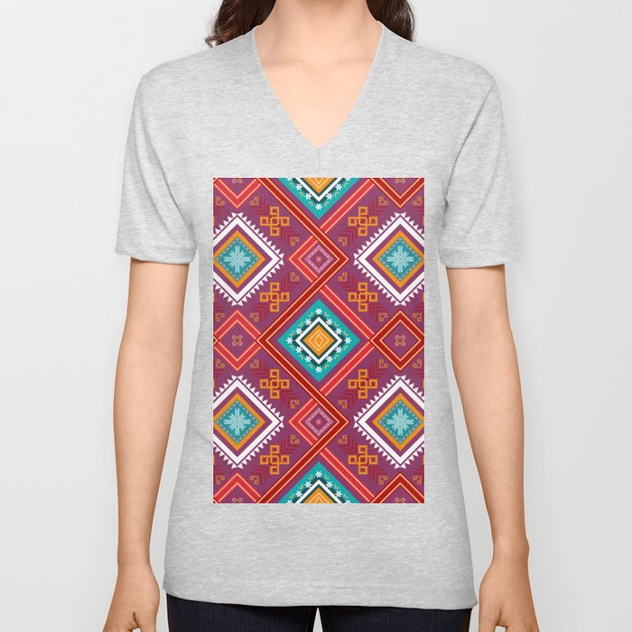 Red and Blue Pattern Design V Neck T Shirt