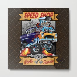 Speed Shop Hot Rod Muscle Car Parts and Service Vintage Cartoon Illustration Metal Print | Car, Funny, Motor, Engine, 1955, Classiccar, Cartoon, Mechanic, Mancave, Gasser 