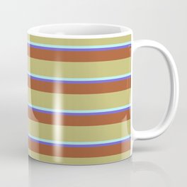 [ Thumbnail: Slate Blue, Sienna, Dark Khaki & Turquoise Colored Stripes Pattern Coffee Mug ]