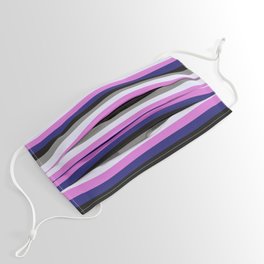 [ Thumbnail: Colorful Orchid, Midnight Blue, Black, Grey, and Lavender Colored Pattern of Stripes Face Mask ]